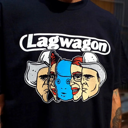 Black band cotton american hip hop t-shirt with overszied short sleeves featuring cartoon band graphic and white lettering
