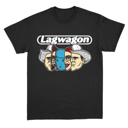 Black band cotton t-shirt featuring lagwagon cartoon faces with cowboy hats in overszied short sleeves for american hip hop fans