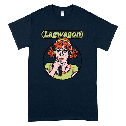 Dark blue overszied short sleeves cotton t-shirt with lagwagon band cotton black print featuring a cartoon woman