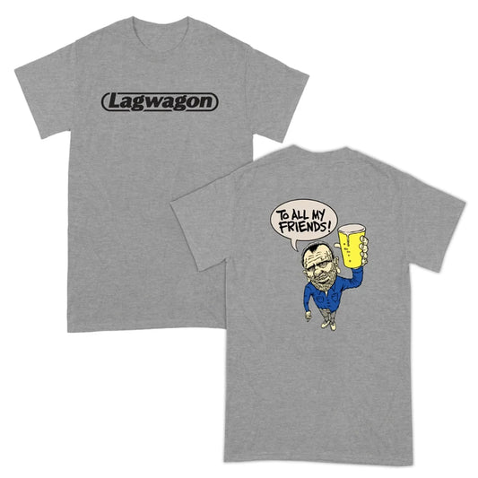 Gray heathered american hip hop band cotton black t-shirt with overszied short sleeves featuring lagwagon print and cartoon back design