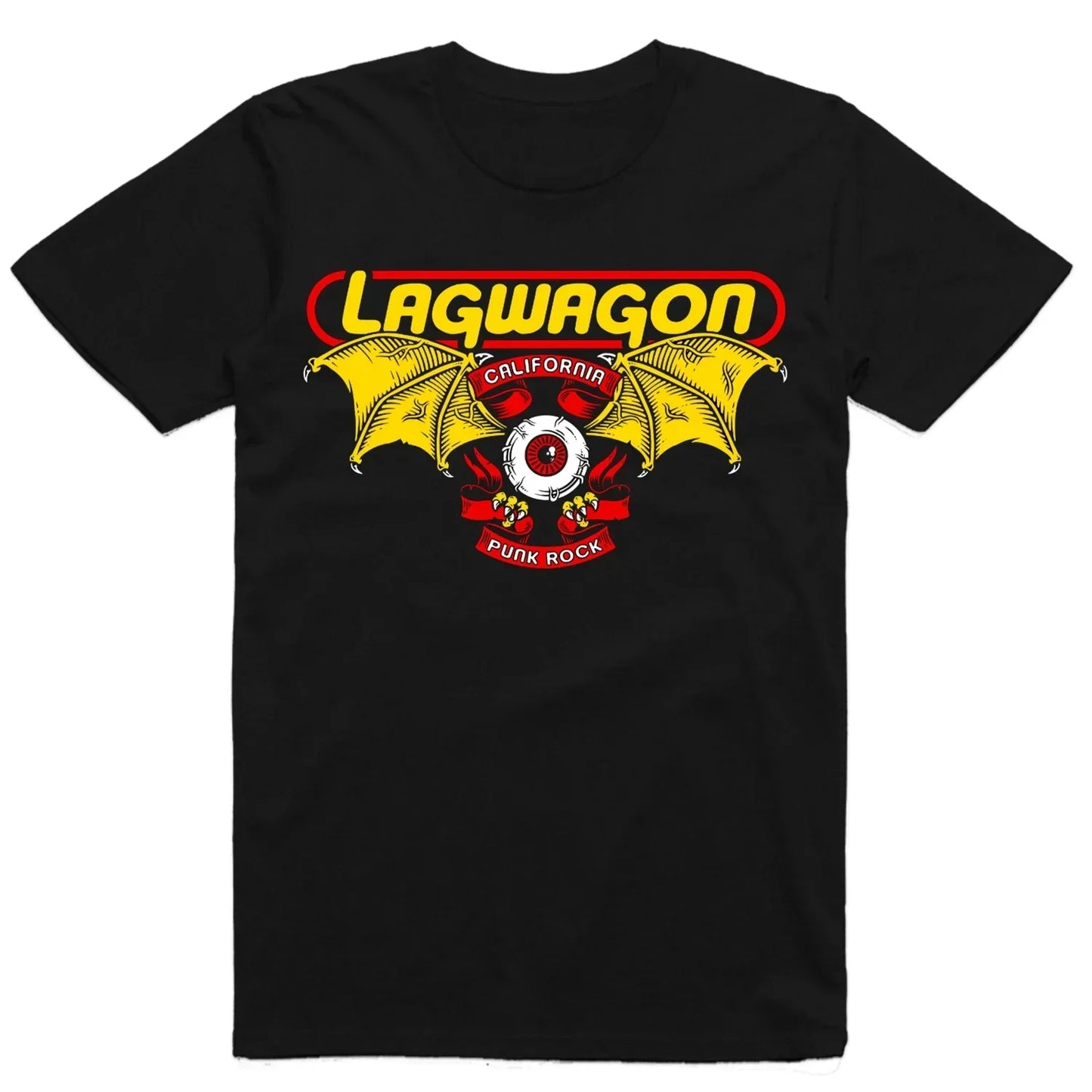 American hip hop band cotton black overszied short sleeves t-shirt with lagwagon vibrant yellow red graphic print