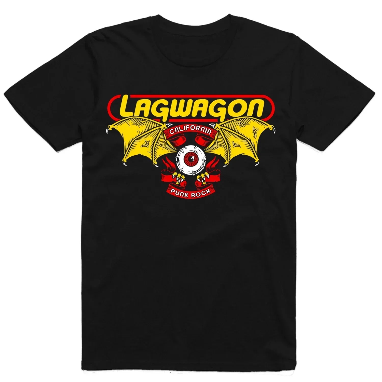 American hip hop band cotton black overszied short sleeves t-shirt with lagwagon vibrant yellow red graphic print