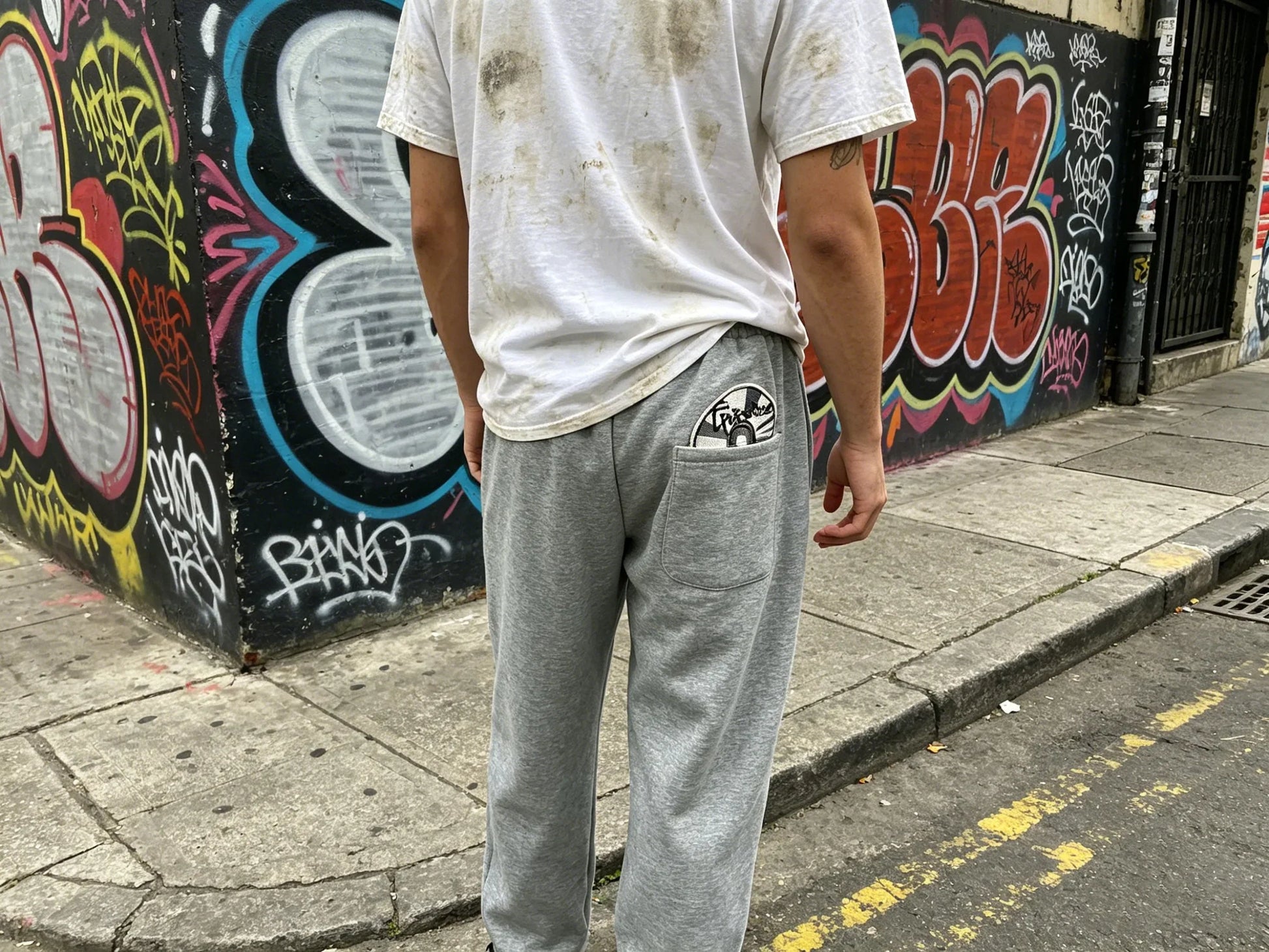 Gray sweatpants featuring a small black and white graphic patch on the back pocket with american hip hop street trendy pants design