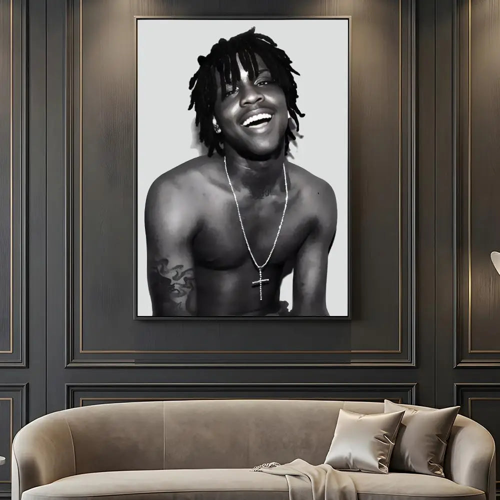 Black-and-white framed portrait of rapper chief keef smiling with dreadlocks and cross necklace on music retro poster