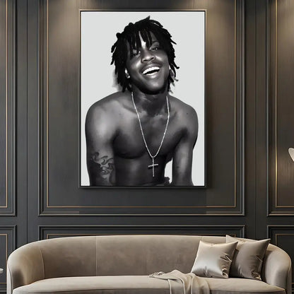 Black-and-white framed portrait of rapper chief keef smiling with dreadlocks and cross necklace on music retro poster