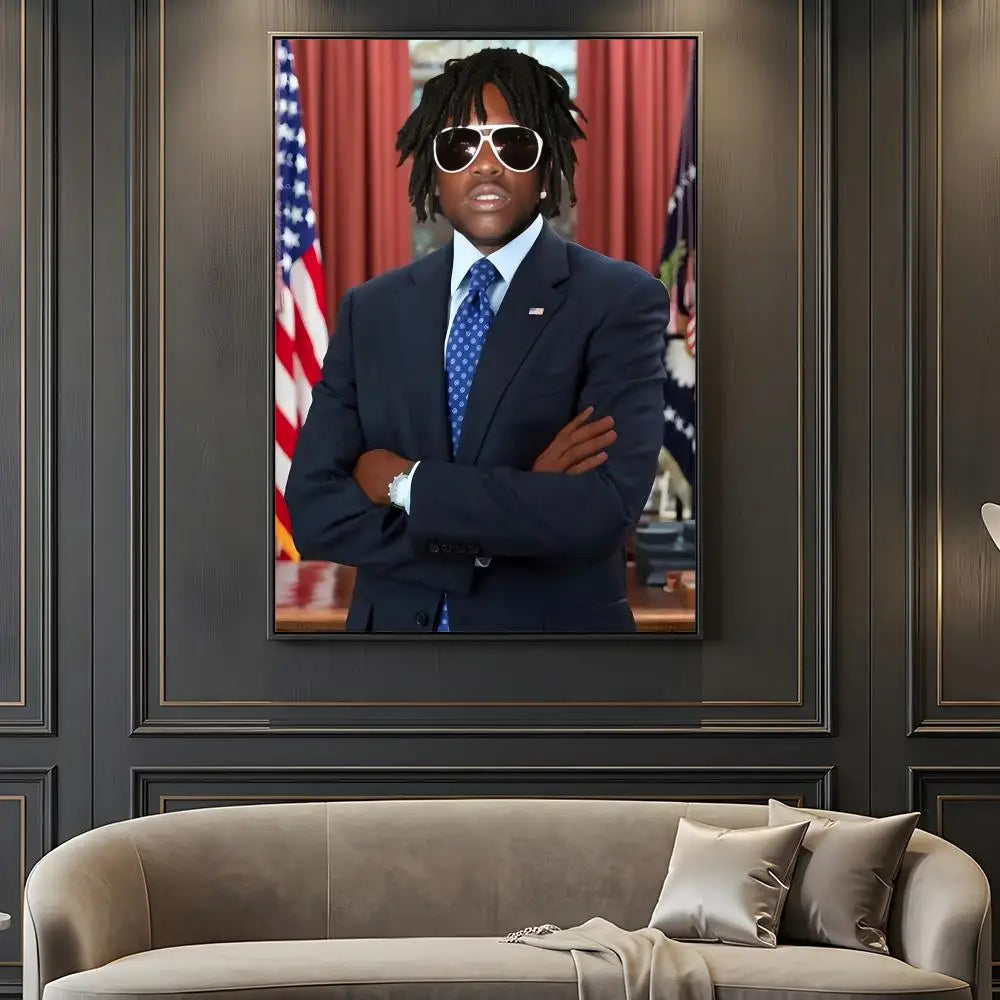 A framed music retro poster of hip hop rapper Chief Keef in a navy suit with an American flag background