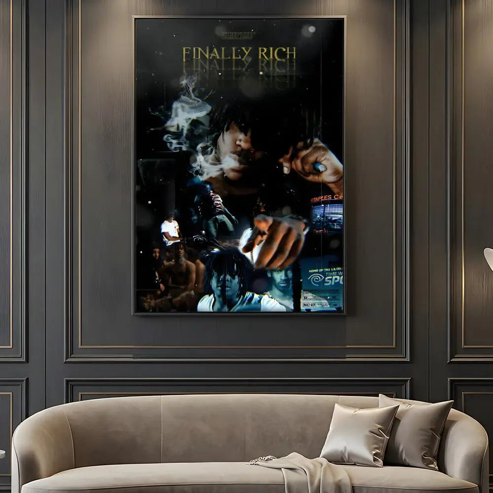 A framed dark moody hip hop rapper chief keef music retro poster with gold lettering and self-adhesive high toughness design