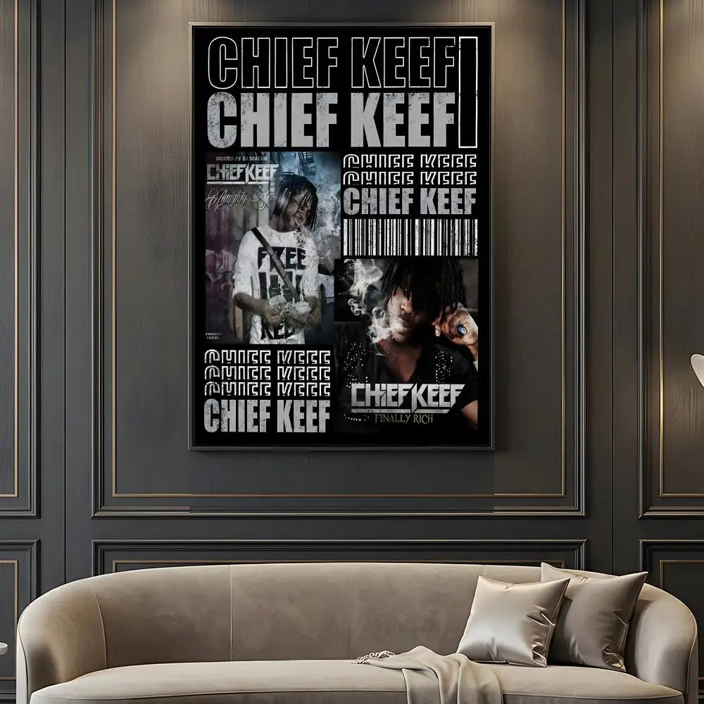 Black and white hip hop rapper chief keef music retro poster with bold text and barcode design self-adhesive wall decor