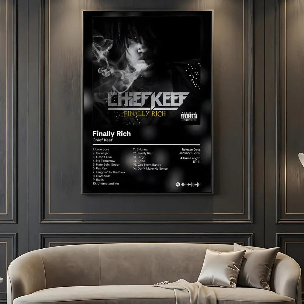Black and white framed hip hop rapper chief keef music retro poster with smoky portrait tracklist and spotify logo