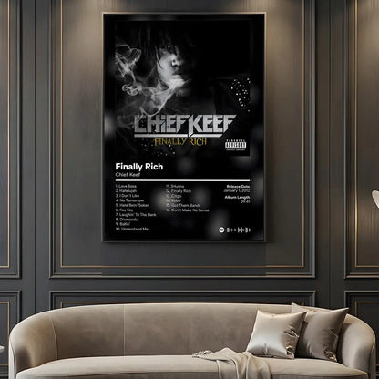 Black and white framed hip hop rapper chief keef music retro poster with smoky portrait tracklist and spotify logo