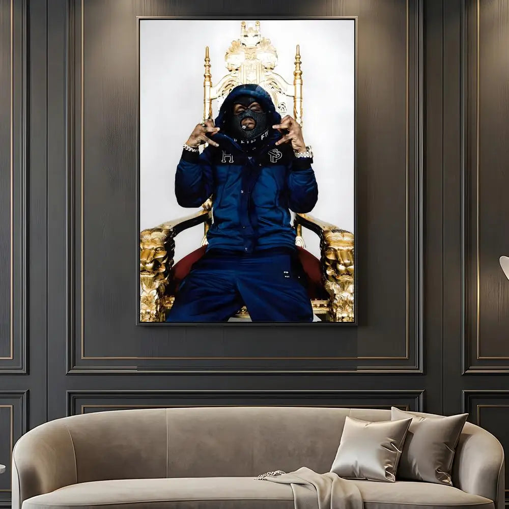 A framed music retro poster of hip hop rapper chief keef in a blue tracksuit seated on a golden throne