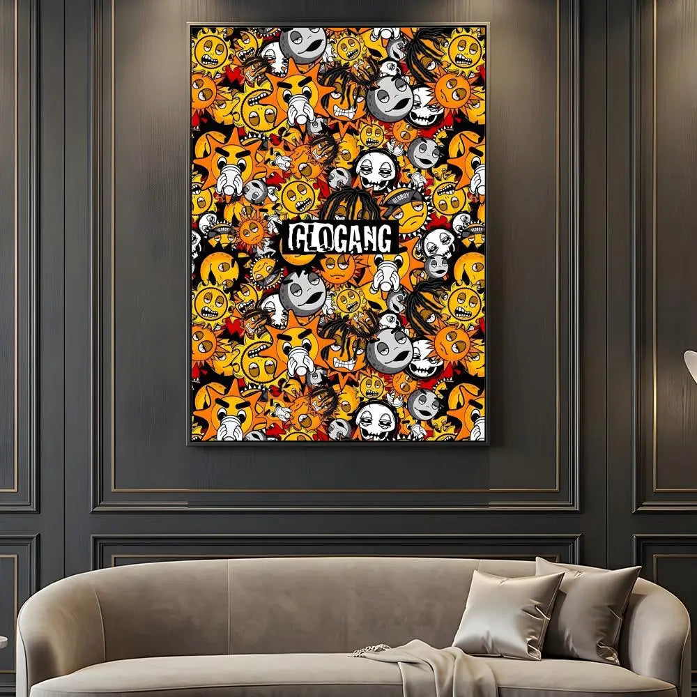 Vibrant orange and black canvas art featuring glogang text in bold white letters hip hop rapper chief keef music retro poster