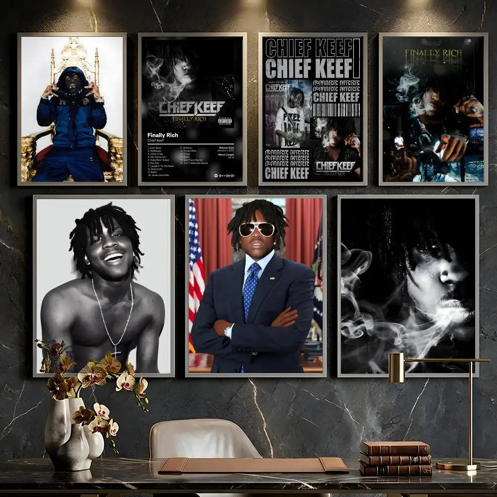 Set of six framed rapper chief keef music retro posters on dark marble wall self-adhesive hip hop rapper decor