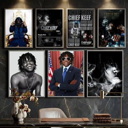 Set of six framed rapper chief keef music retro posters on dark marble wall self-adhesive hip hop rapper decor