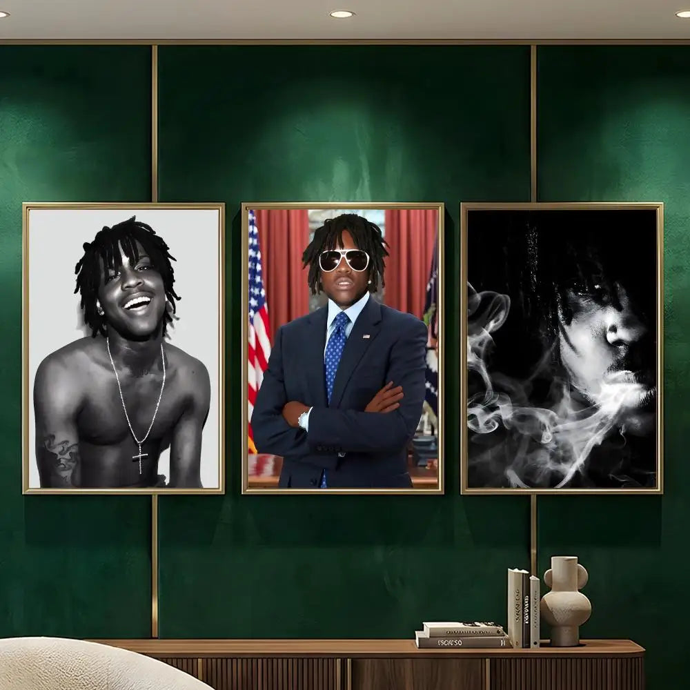 Three gold-toned framed black and white music retro poster artworks of hip hop rapper Chief Keef for wall decor