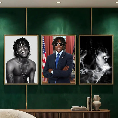 Three gold-toned framed black and white music retro poster artworks of hip hop rapper Chief Keef for wall decor