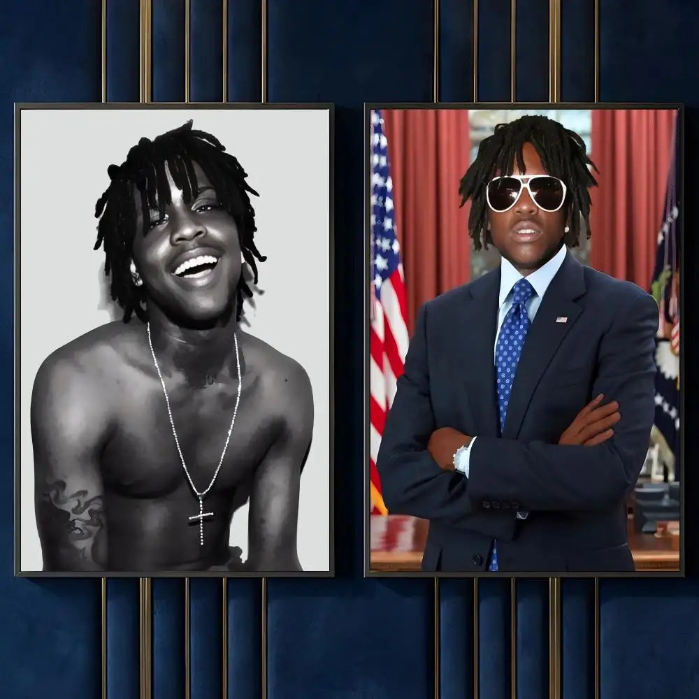 Two framed hip hop rapper chief keef portraits in black and white and color on a self-adhesive music retro poster