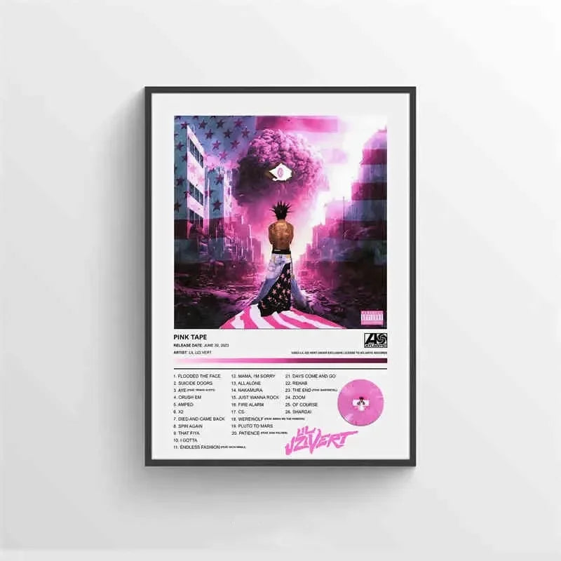 Black-framed pink tape posters featuring lil uzi vert american hip hop album art with vibrant cityscape and tracklist details