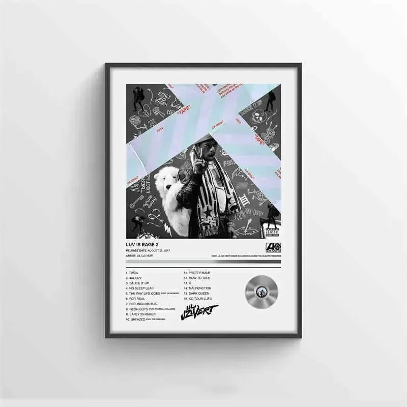 Black and white framed poster featuring a stylized luv is rage 2 album cover with graffiti design for american hip hop decor
