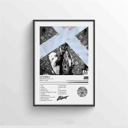 Black and white framed poster featuring a stylized luv is rage 2 album cover with graffiti design for american hip hop decor