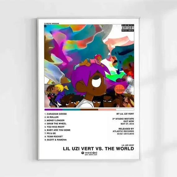 A vibrant framed lil uzi vert pink tape poster canvas painting featuring american hip hop album cover wall art
