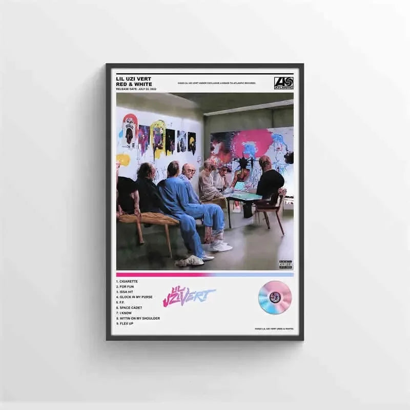 Black-framed american hip hop lil uzi vert pink tape poster with red and white album cover and stylized cd graphic in art studio
