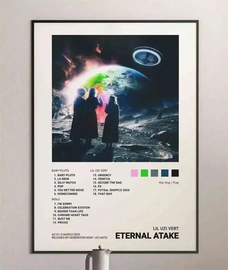 Black-framed pink tape posters canvas painting featuring lil uzi vert american hip hop cosmic scene with rainbow light