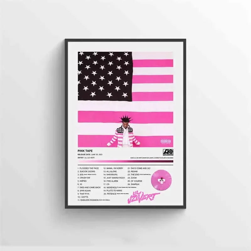 Black-framed pink tape posters canvas featuring lil uzi vert and stylized american hip hop flag with album tracklist details