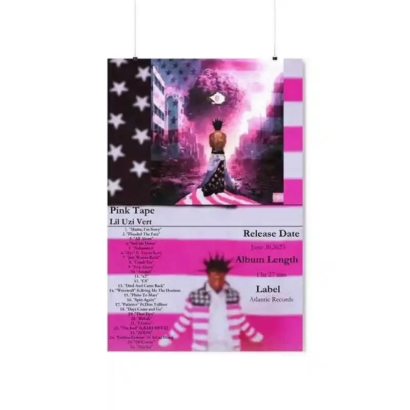 Pink and white canvas painting of lil uzi vert walking on american flag street for american hip hop pink tape posters