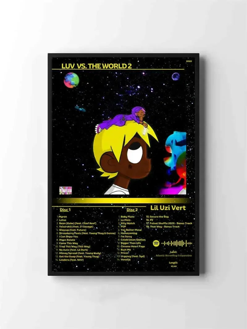 Black-framed canvas poster of american hip hop rapper lil uzi vert with yellow hair and purple hat pink tape posters