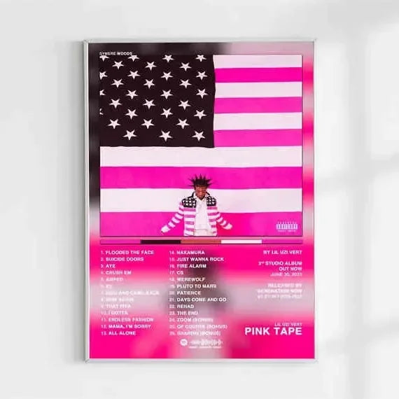 Pink and black american hip hop lil uzi vert pink tape posters canvas painting featuring stylized figure in striped attire