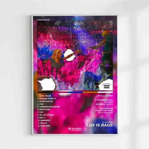 Vibrant pink and purple abstract canvas painting of lil uzi vert luv is rage album for american hip hop pink tape posters