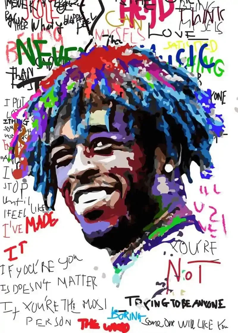 Vibrant graffiti-style canvas painting of lil uzi vert with colorful dreadlocks for american hip hop pink tape posters wall art