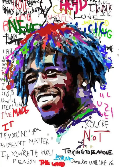 Vibrant graffiti-style canvas painting of lil uzi vert with colorful dreadlocks for american hip hop pink tape posters wall art