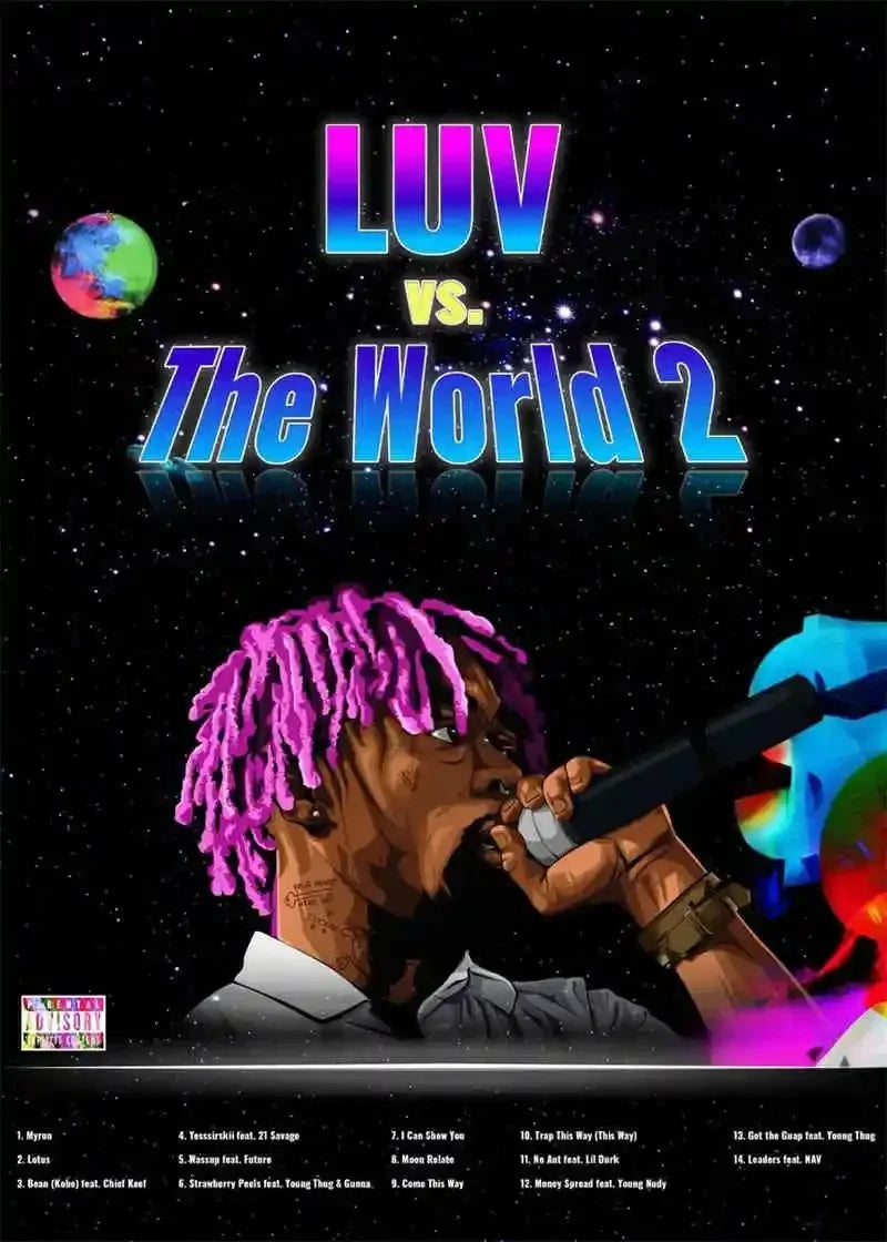 American hip hop lil uzi vert pink tape posters featuring purple-dyed dreadlocks and neon text on cosmic canvas art