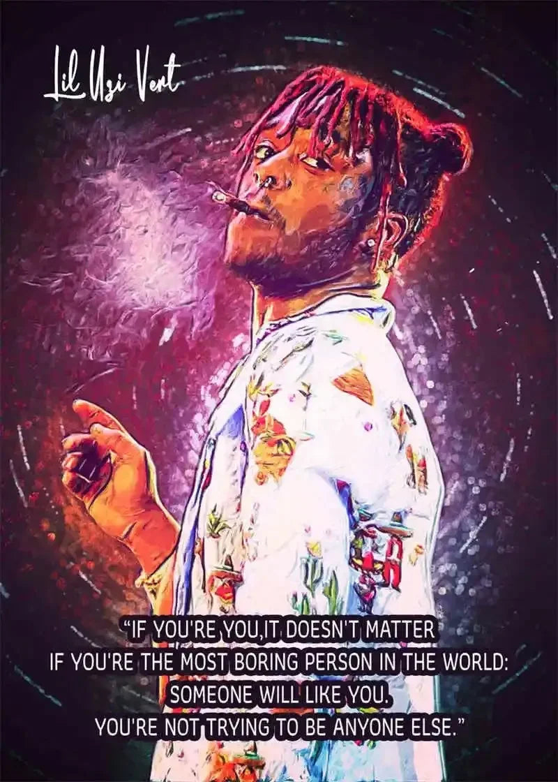 Stylized canvas painting of american hip hop rapper lil uzi vert smoking in a white floral shirt with pink tape posters color