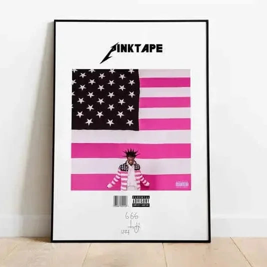 A framed pink tape poster featuring a stylized american hip hop lil uzi vert flag for wall art display