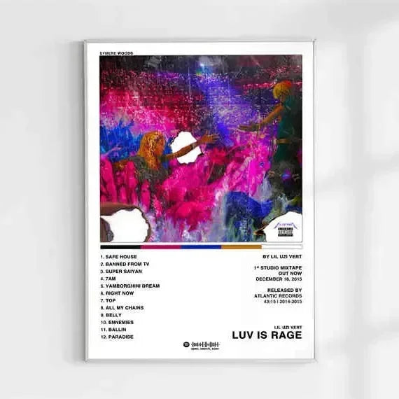 A framed canvas painting poster of lil uzi vert pink tape with vibrant pink and purple hues for american hip hop fans