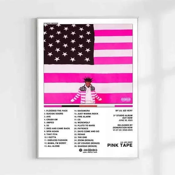 A framed canvas painting featuring a stylized american hip hop lil uzi vert pink tape poster with pink stripes