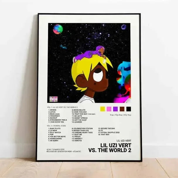 Black-framed pink tape poster featuring lil uzi vert with yellow hair and purple accessories in cosmic background wall art