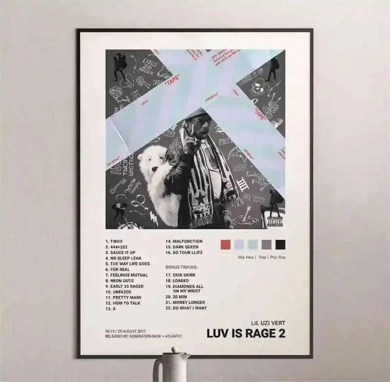 Black-framed pink tape poster featuring american hip hop artist lil uzi vert holding a white polar bear with tracklist and swatches