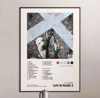 Black-framed pink tape poster featuring american hip hop artist lil uzi vert holding a white polar bear with tracklist and swatches