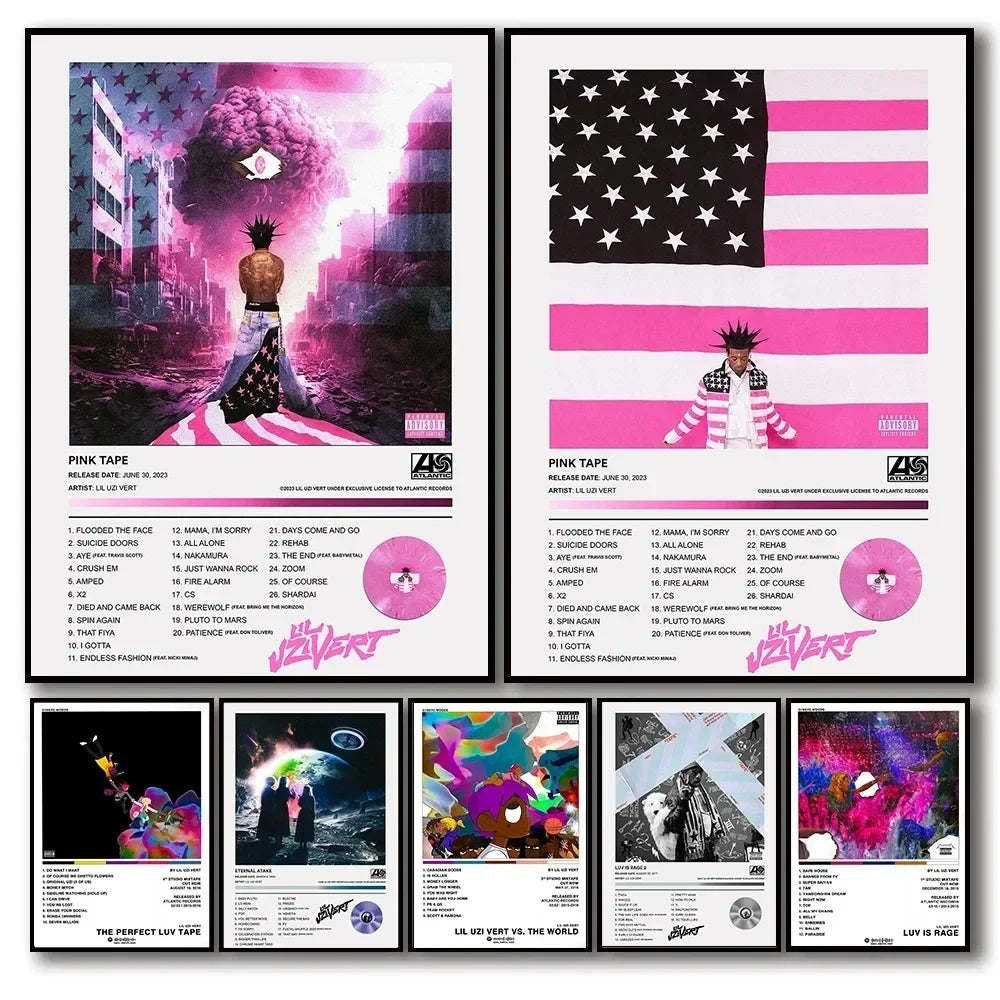 Pink tape posters featuring lil uzi vert with vibrant pink and black designs and american hip hop flag motifs on canvas