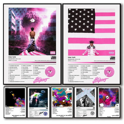 Pink tape posters featuring lil uzi vert with vibrant pink and black designs and american hip hop flag motifs on canvas