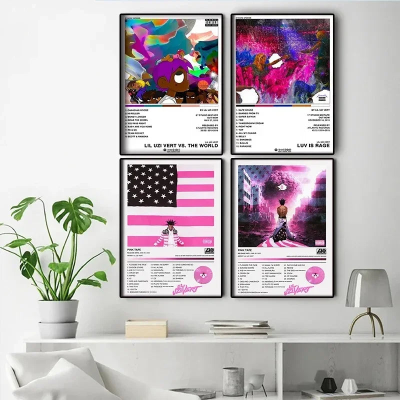 Four framed canvas posters featuring vibrant lil uzi vert pink tape posters and american hip hop album art wall decor