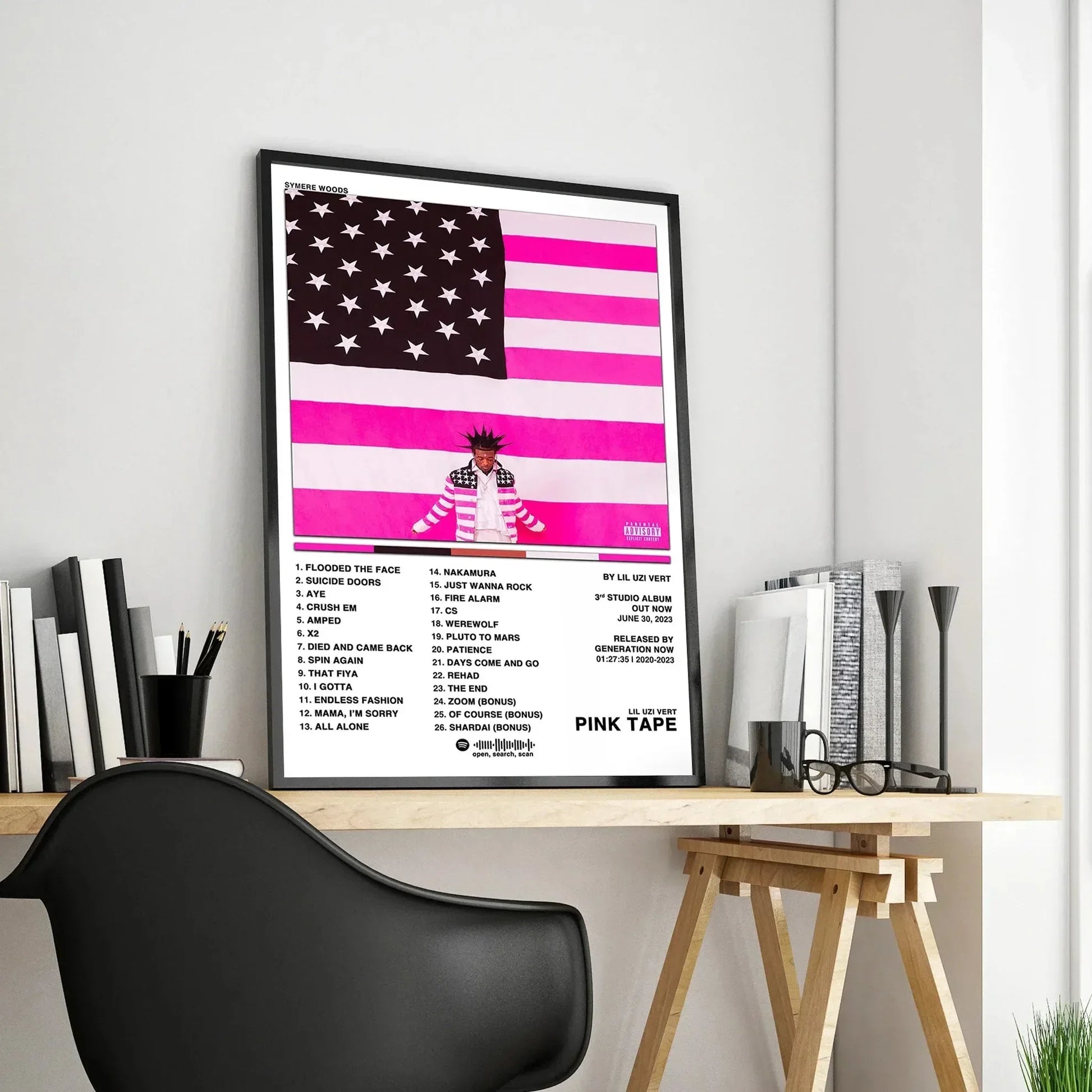 Framed pink tape posters canvas painting featuring lil uzi vert with a vibrant pink and black american hip hop flag design