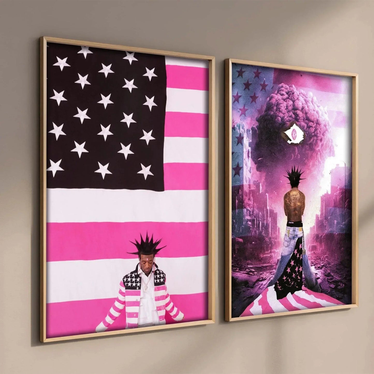 Two pink tape posters featuring lil uzi vert with stylized american hip hop flag and figures on canvas wall art