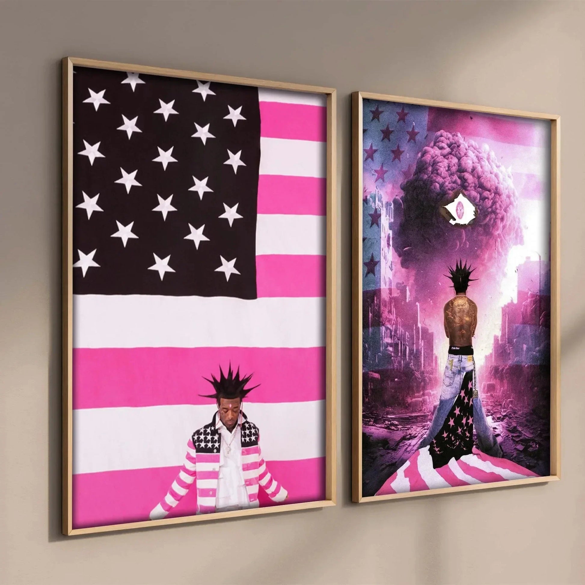 Two pink tape posters featuring lil uzi vert with stylized american hip hop flag and figures on canvas wall art