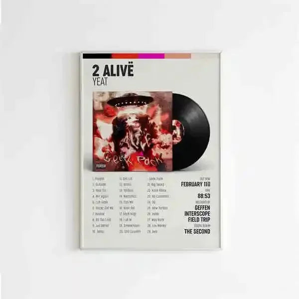 A framed canvas painting poster featuring rapper star yeat album 2 alive with black vinyl for american hip hop fans
