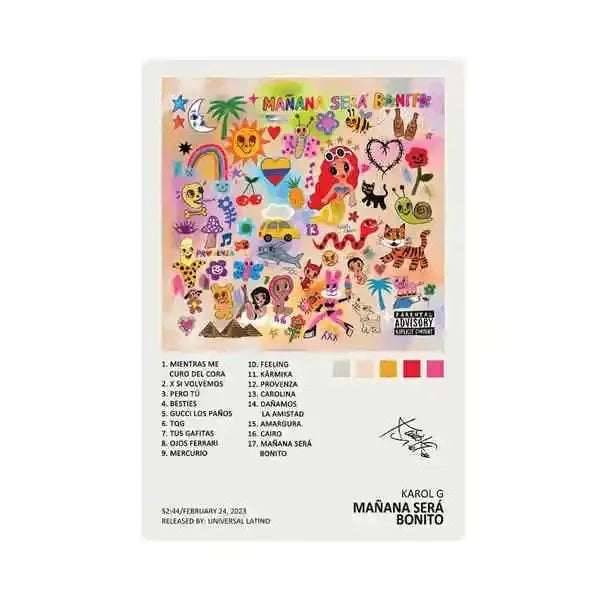 The colorful canvas painting poster of karol g ma ̃ ñ ana sera ́ bonito with whimsical art in american hip hop style